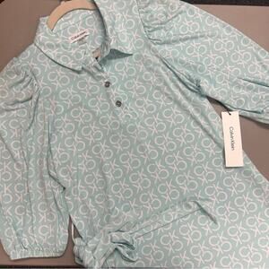 Calvin Klein Dress 1/2 Puff Sleeve Monpgram Logo Print Blue White NWT Size 10